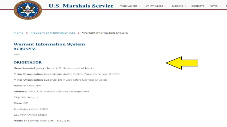 Screenshot of U.S. Marshals Service website page for Freedom of Information Act with yellow arrow pointing to list agencies associated with U.S. Marshal Service.