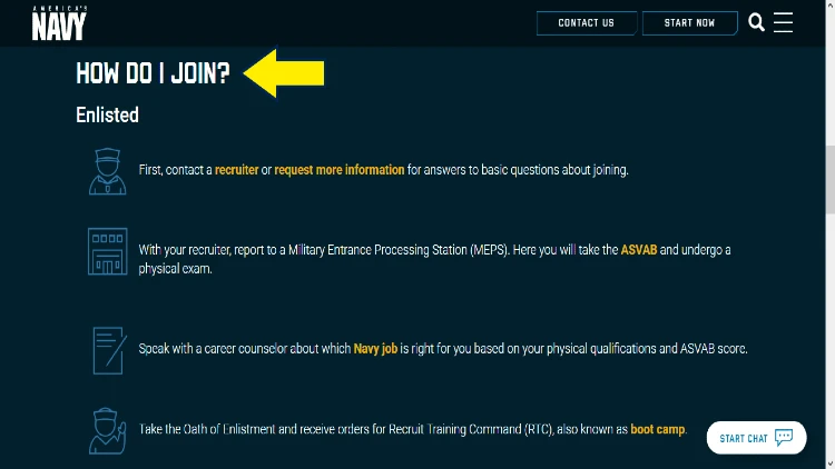 Screenshot of US Navy website page for enlistment with yellow arrow pointing to US Navy enlistment process.