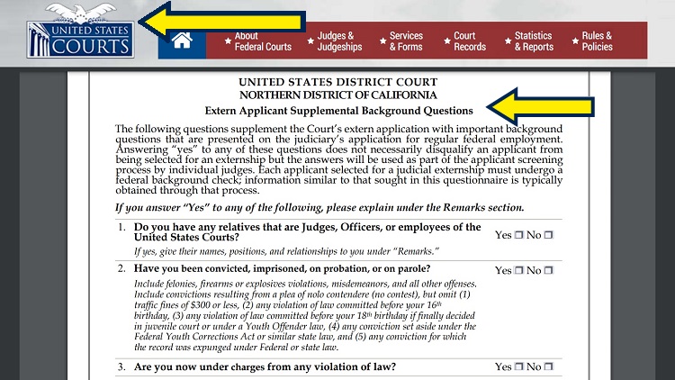 Screenshot of US Courts website page with yellow arrow pointing to extern applicant supplemental background questions