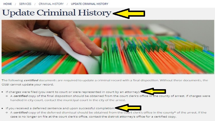 Screenshot of Oklahoma State of Bureau of Investigation website page for criminal history with yellow arrows pointing to information on how to update criminal history in Oklahoma.