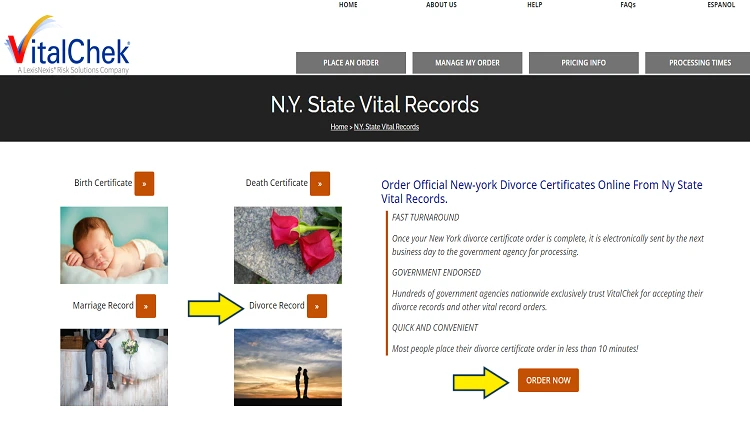 Screenshot of VitalChek website page for New York vital records with yellow arrows pointing to New York divorce records request.