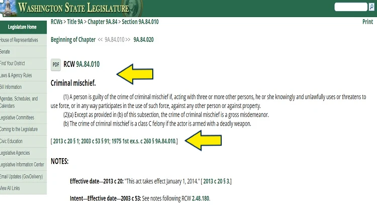 Screenshot of Washington State Legislature website page with yellow arrow pointing to view a PDF file about criminal mischief 