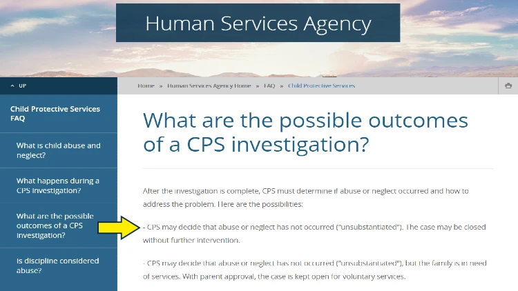 Screenshot of Washoe County Nevada Human Services Agency website page with yellow arrow pointing to the possible outcomes of a CPS investigation