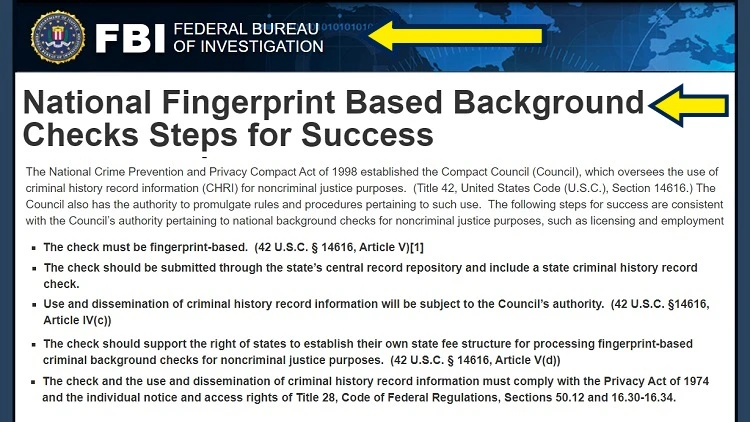 Screenshot of FBI website page for national fingerprint-based background check with yellow arrows pointing what do federal background checks look for in fingerprint-based background checks.