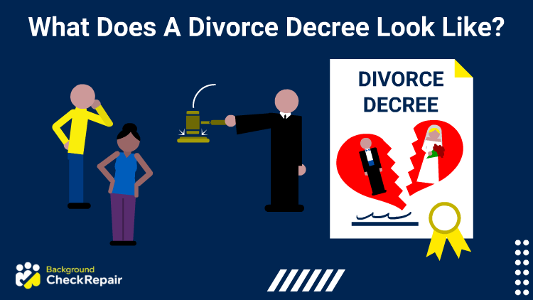 Judge striking his gavel in front of an officially sealed final divorce decree document while a woman with her hands on her hips stands in front of a man with his hand on his hip and his other one on this forehead, wondering what does a divorce decree look like in all fifty states.