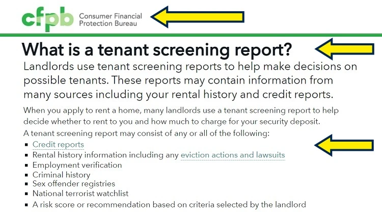 Screenshot of CFPB website page with yellow arrow pointing to what is a tenant screening report consist of