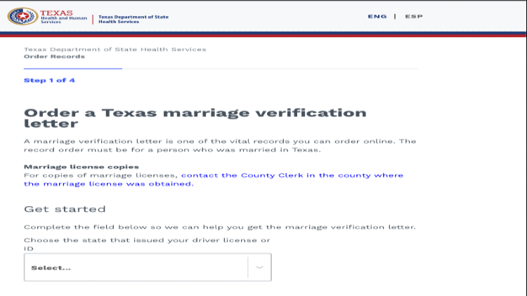 Screenshot of the Texas Health and Human Services website page about Texas marriage with yellow arrow pointing to the the verification letter.