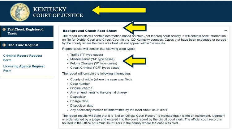 Screenshot of KY Court of Justice with yellow arrow pointing to background check fact sheet
