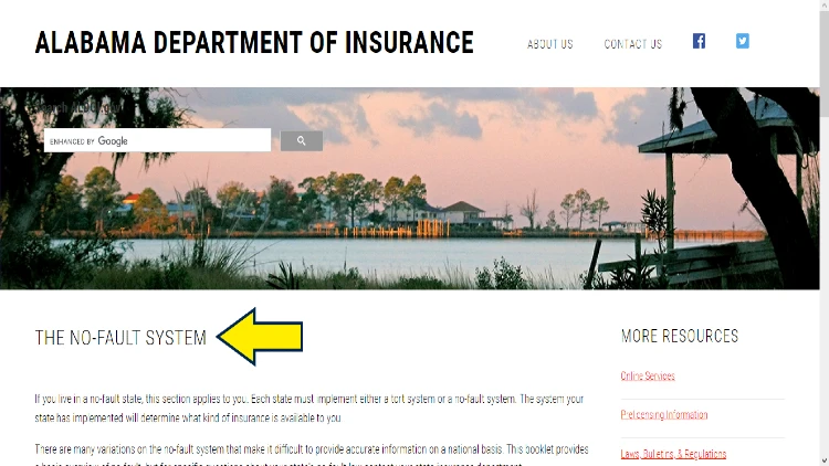 Screenshot of Alabama Department of Insurance website page for insurance with yellow arrow pointing to details on no-fault system in Alabama.
