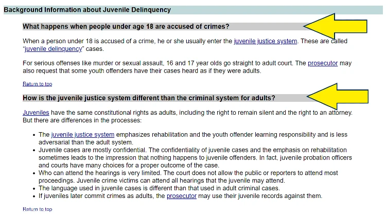 Screenshot of the Juvenile Delinquency website page about Juvenile Justice System with yellow arrows pointing to the questions about it.