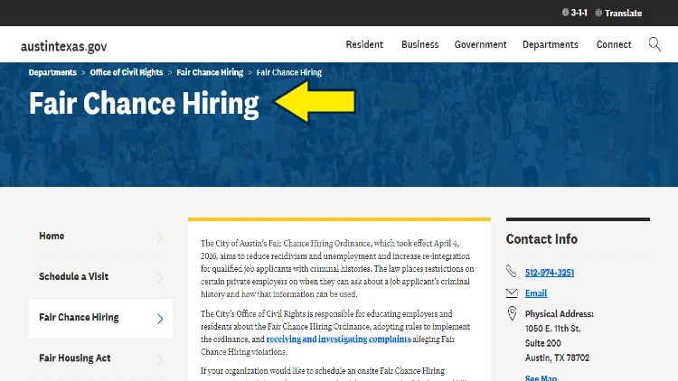 Screenshot of Austin, Texas website page for Office of Civil Rights with yellow arrow on Fair Chance Hiring.
