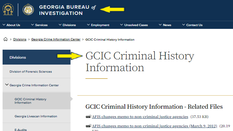 Screenshot of Georgia.gov website page for divisions with yellow arrow on GCIC criminal history information.