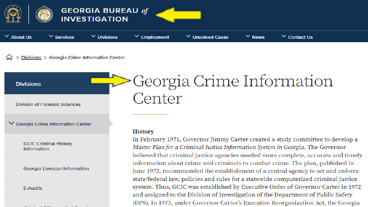 Screenshot of Georgia.gov website page for divisions with yellow arrow on Crime Information Center.