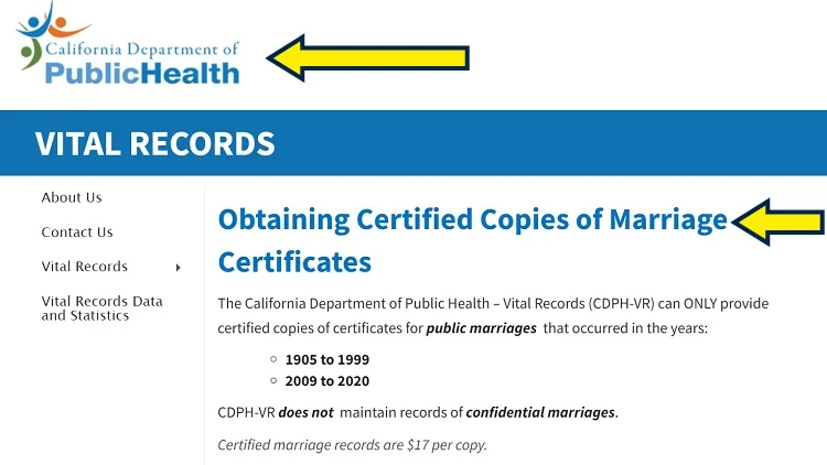 Screenshot of California DPH website page for vital records with yellow arrows on how to obtain marriage certificates.