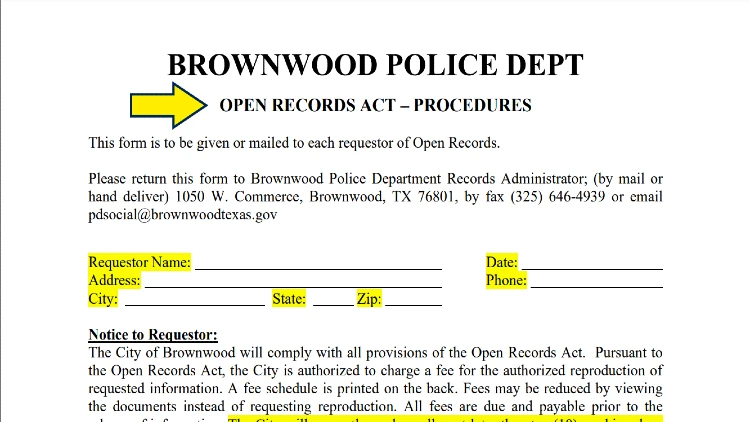 Screenshot of City of Brownwood website page for open records request with yellow arrow on open records request form.