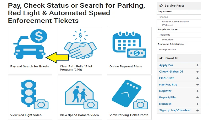 Screenshot of City of Chicago website page for citation administration services with yellow arrow on link to pay and search for tickets in Chicago.