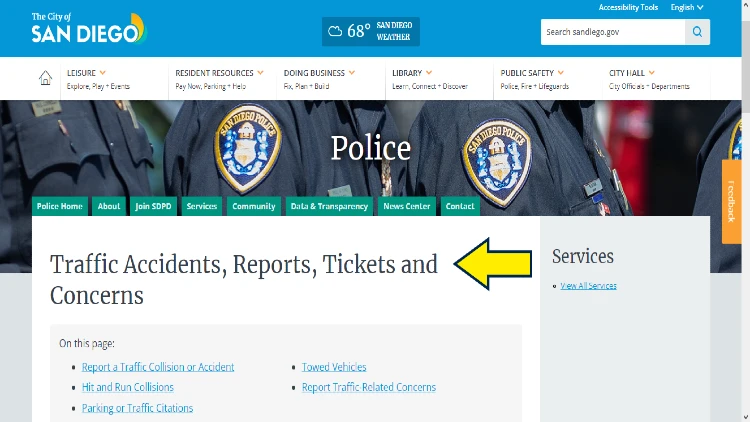 Screenshot of City of San Diego website page for police services with yellow arrow on information on traffic accidents, reports, tickets, and concerns in San Diego.