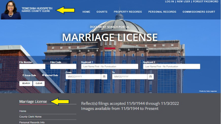 Screenshot of Harris County Clerk website page about Marriage License with yellow arrows pointing to how to get them.