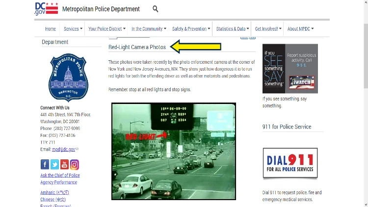 Screenshot of DC website page for Metropolitan Police Department with yellow arrow pointing to red light camera photos.