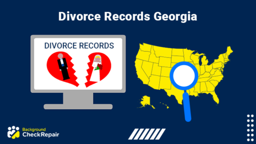 Computer screen on the left showing public divorce records, Georgia highlighted using a map if the US and a magnifying glass on the right.