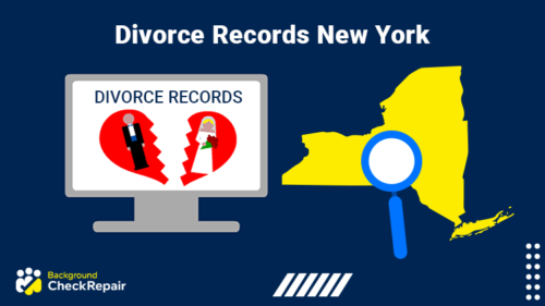 Computer screen showing divorce records, New York state on the right with a magnifying glass to indicate how to find divorce records in New York.