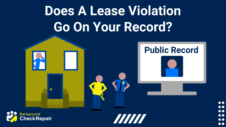 Landlord standing with his hands on his hips holding a set of keys while a police office enforces a lease violation in front of a house while the tenant looks out of hte wondow and wonders does a lease violation go on your record, and a public record report on a computer showing on the right.