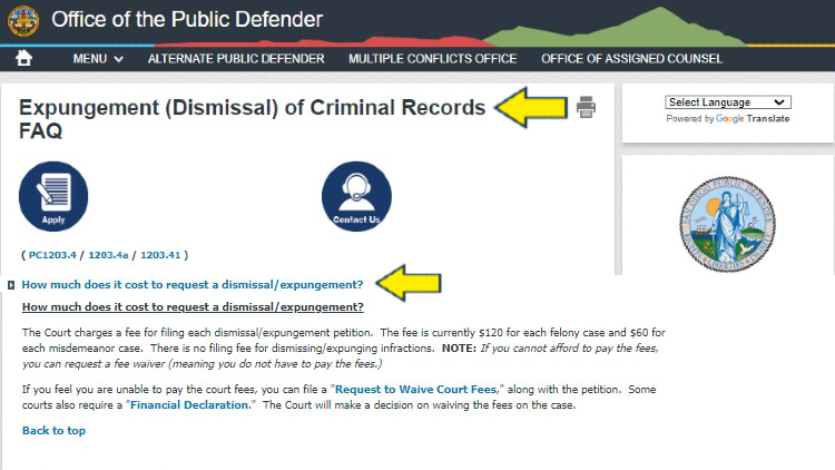 Screenshot of Office of the Public Defender website page for FAQs with yellow arrow on how much does it cost to have records expunged.