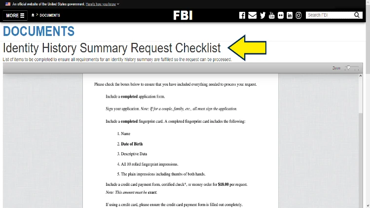 Screenshot of FBI website page for documents with yellow arrow on checklist for identity history summary request to FBI.