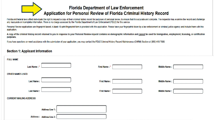 Screenshot of FLDE website page for forms with yellow arrow on application form for personal review of criminal records.