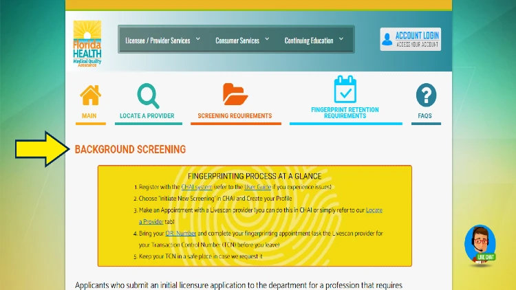Screenshot of FL HealthSource website page for background check with yellow arrow on background screening process.