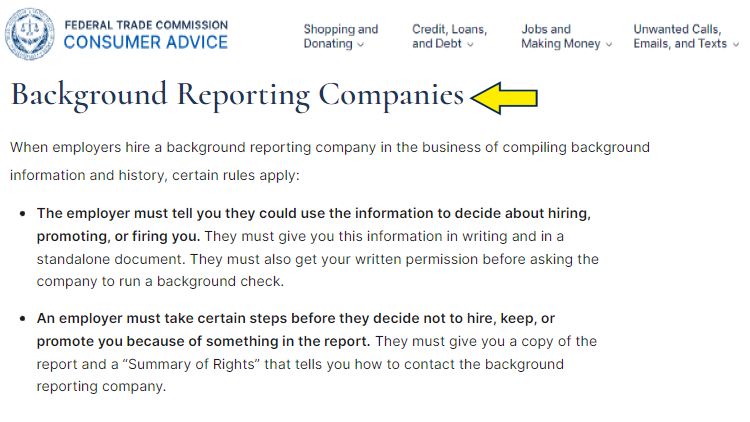 Screenshot of FTC website page for consumer advice with yellow arrow on background reporting companies.