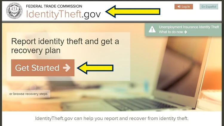 Screenshot of IdentityTheft.Gov website page with yellow arrows on link to start identity theft report process.
