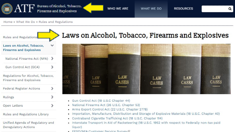 Screenshot of ATF website page for function of ATF with yellow arrow on references for laws on alcohol, tobacco, firearms and explosives.