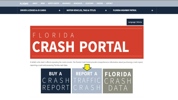 Screenshot of Florida crash portal website with yellow arrow. 