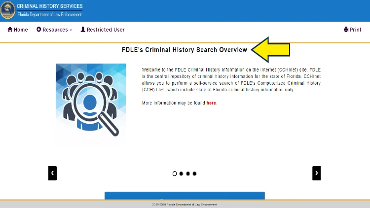 Screenshot of FDLE website page for criminal history records with yellow arrow on criminal history search overview.