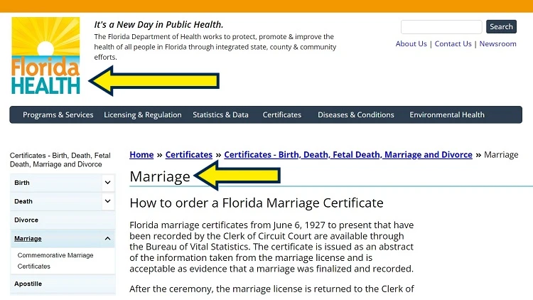 Screenshot of Florida Health website page for certificates with yellow arrow on marriage certificate.