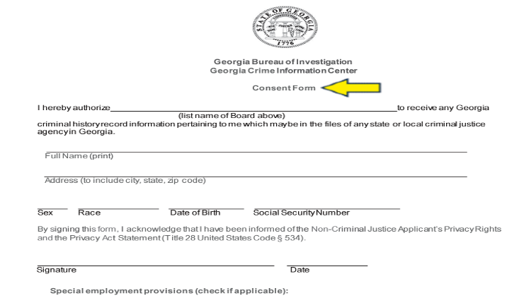 Screenshot of Georgia Secretary of State website page for forms with yellow arrow on employment criminal background check consent form.