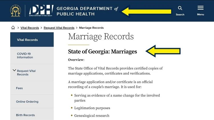 Screenshot of Georgia DPH website page for vital records with yellow arrows on marriage records in Georgia.