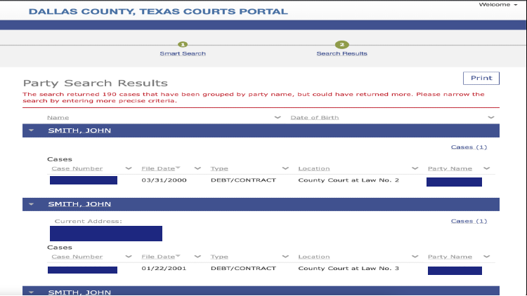 Screenshot of the Dallas County Texas Courts Portal website page about Party Search with yellow arrows pointing to the search results.
