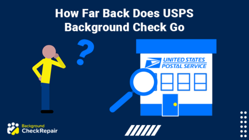 Man with his hand on his chin and a question mark hovering over his head looks at a USPS building being screened and wonders how far back does USPS background check go?