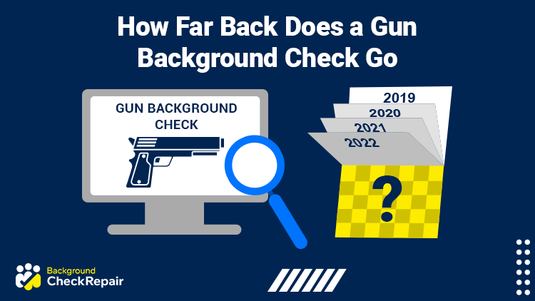Computer showing how far back does a gun background check go and how far back does a firearm background check go with a magnifying glass over the screen and on the right, calendar pages of months flipping with a question mark.