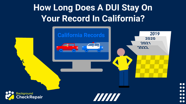 Man standing next to a calendar flipping pages with his hands on his hips wonders how long does a DUI stay on your record in California while looking at the state of California and DMV driving records in California online.