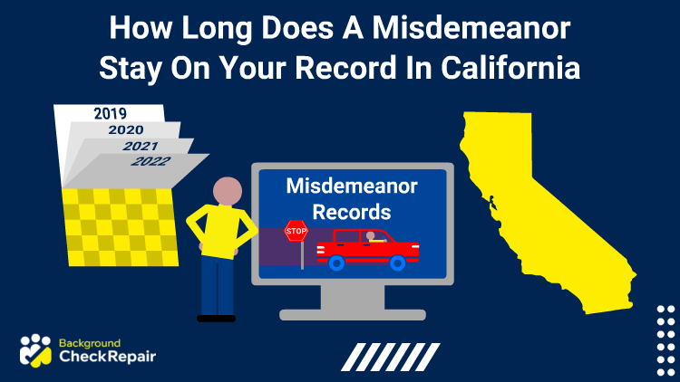 Man with his hands on his hips leans over toward a computer screenshot showing misdemeanor records in California and the state of California on the right while a calendar flips through the months on his left and he wonders how long does a misdemeanor stay on your records in California?