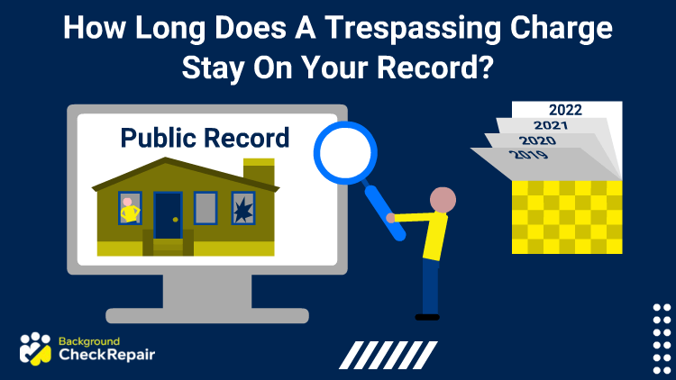 Man holds up a magnifying glass to a computer showing public record and wonders how long does a trespassing charge stay on your record while a calendar behind him flips pages of years showing how long a trespassing charge is on the record.