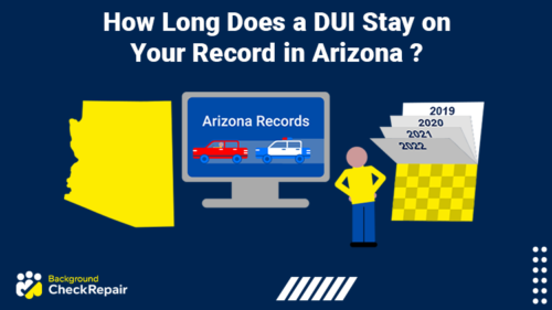 Man looking at Arizona DMV public records displayed on a computer screen and the state of Arizona on the left, thinks about how long does a DUI stay on your record in Arizona while a calendar behind him flips pages of months and years.
