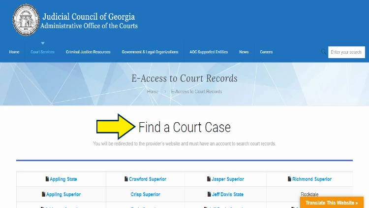 Screenshot of Judicial Council of Georgia Administrative Office of the Courts website page for court services with yellow arrow on find a court case.