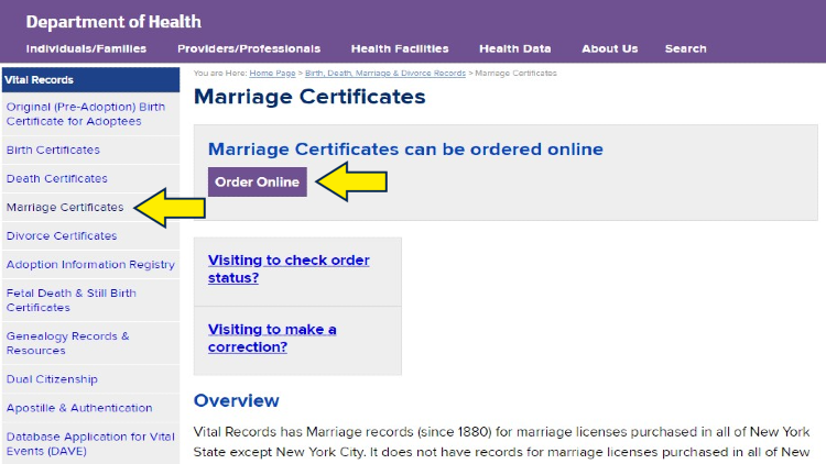 Screenshot of New York State website page for Department of Health with yellow arrows on link to request marriage certificate in New York online.