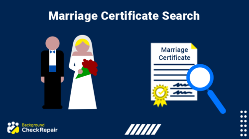 Married couple on the left standing next to a marriage records certificate on the right with a magnifying glass showing a marriage certificate search process for how to find marriage records for free.