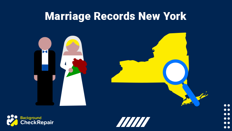 Couple standing on the left wonder how to find marriage records, New York state on the right with a magnifying glass over it.