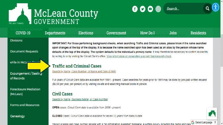 Screenshot of McLean County Government website page for court records search with yellow arrow on traffic and criminal cases.